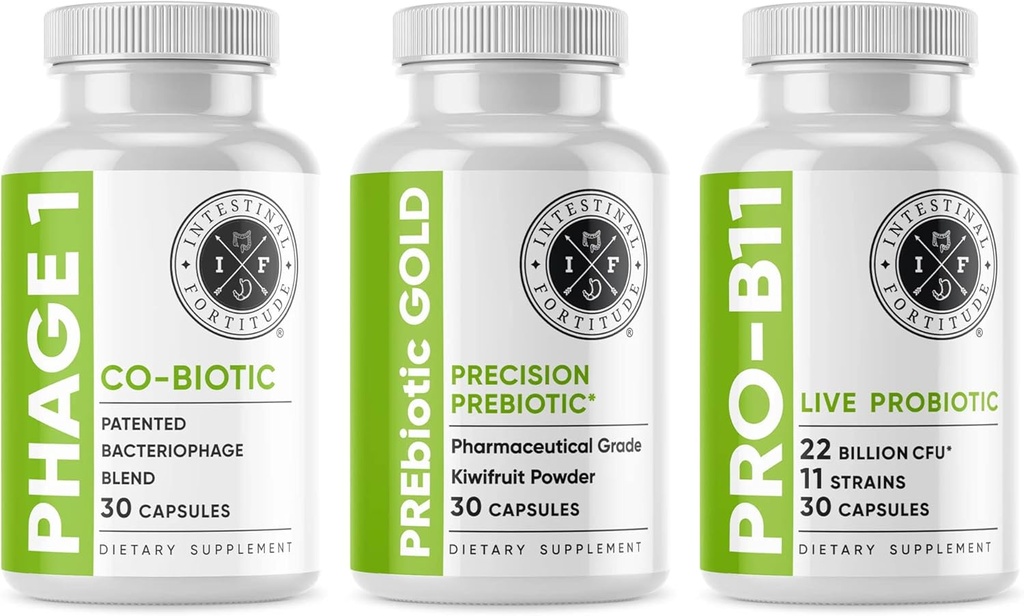 Fortitude intestinală Gut Health Supplement Bundle - Prebiotic Gold, PRO-B11, Phage 1 - w/Gold Kiwifruit Pectină, SCFA și 22 miliarde CFU pentru Microbiome Support, Gluten, Soy, & Dairy-Free Capsule