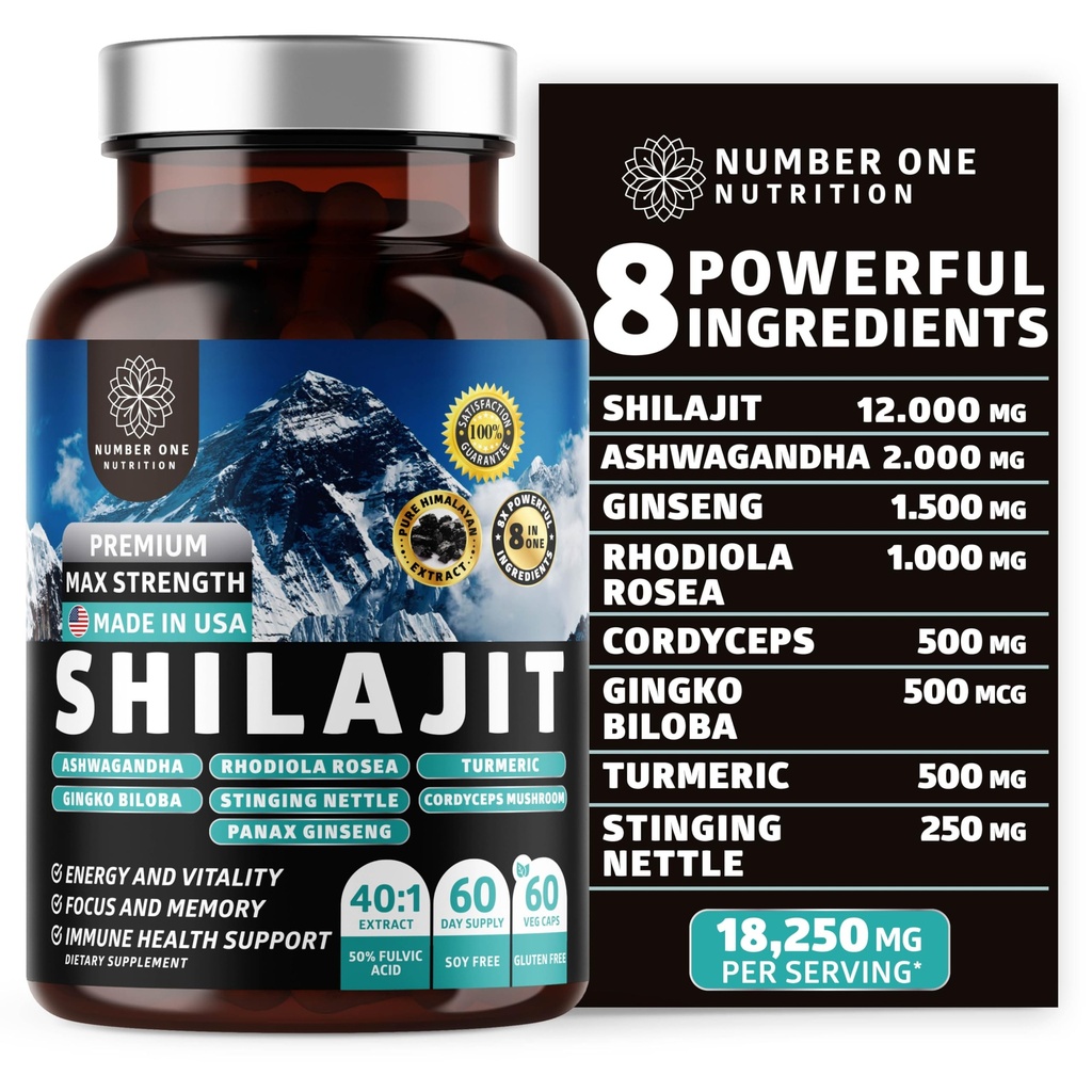 Himalayan Shilajit pur pentru femei și bărbați [50% Acid pelvian] mai bine decât Resin cu Ashwagandha, Ginseng, Turmeric, Gingko Biloba, Stinging Nettle, Cordyceps pentru a sprijini energia și imunitatea, 60Caps