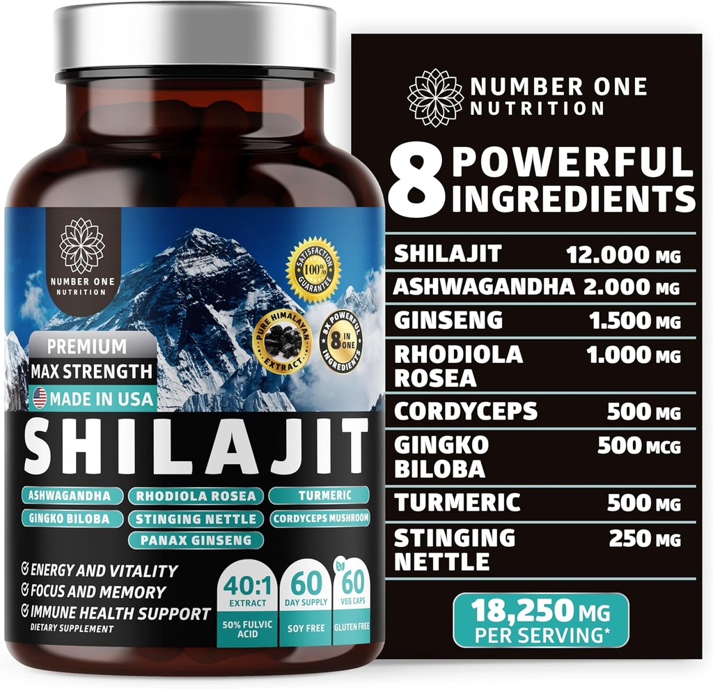 Himalayan Shilajit pur pentru femei și bărbați [50% Acid pelvian] mai bine decât Resin cu Ashwagandha, Ginseng, Turmeric, Gingko Biloba, Stinging Nettle, Cordyceps pentru a sprijini energia și imunitatea, 60Caps