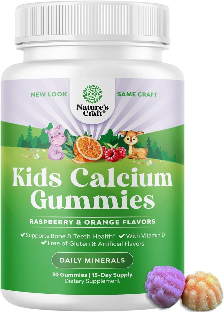 Naturas Craft Gummie gustoase pentru copii de calciu - Vitamina D & Gume de calciu pentru copii - Vitamina cu & D pentru dezvoltarea oaselor musculare Gelatină-Free Kosher Copii 30ct (1 ambalaj)
