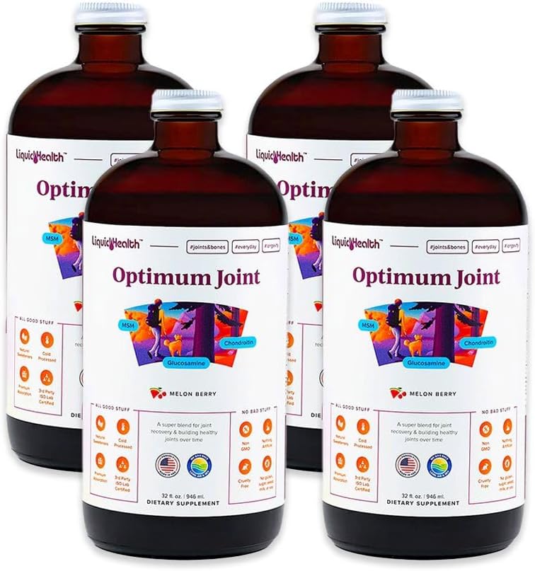 LIQUIDHEALTH Optimum Suport comun Multivitamine lichide cu Glucosamină, Chondroitin, MSM, Acid hialuronic - Creșterea mobilității, Confort comun, pentru Runners & Athletes - Made in USA, Vegan (4 Pack)