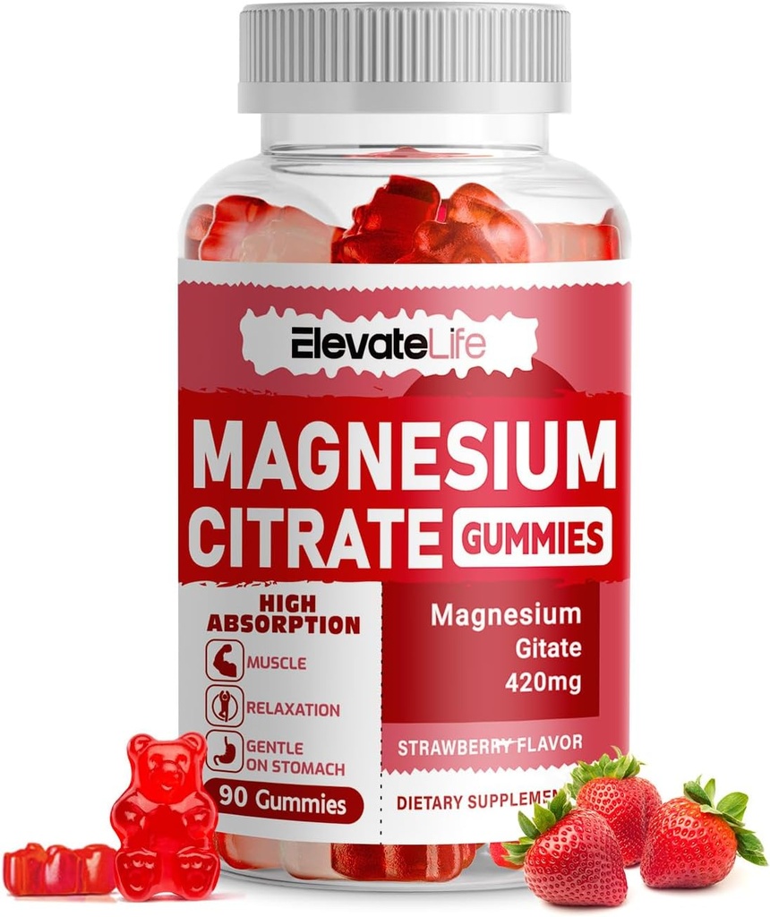 Magneziu Glycinate Gumries 1000mg - Sugar Free Magneziu Potasiu Supliment cu vitamina D, B6, CoQ10 pentru Calm Mood & Sleep Support - 60 Căpșuni Gume