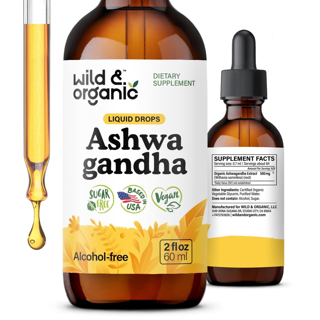 Drops lichid sălbatic și organic Ashwagandha - extract de rădăcină Ashwagandha calmant pentru relaxare - alimentare 1-Luna - Suplimente vegetale pentru femei și bărbați - Vegan, zahăr și alcool - 2 fl oz