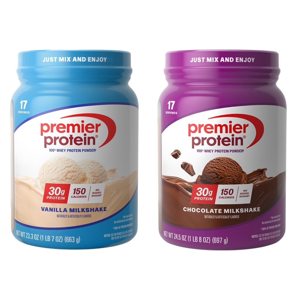 Bundle of Premier Proteine 100% Whey Powder Tubs, Chocolate Milkshake + Vanilla Milkshake