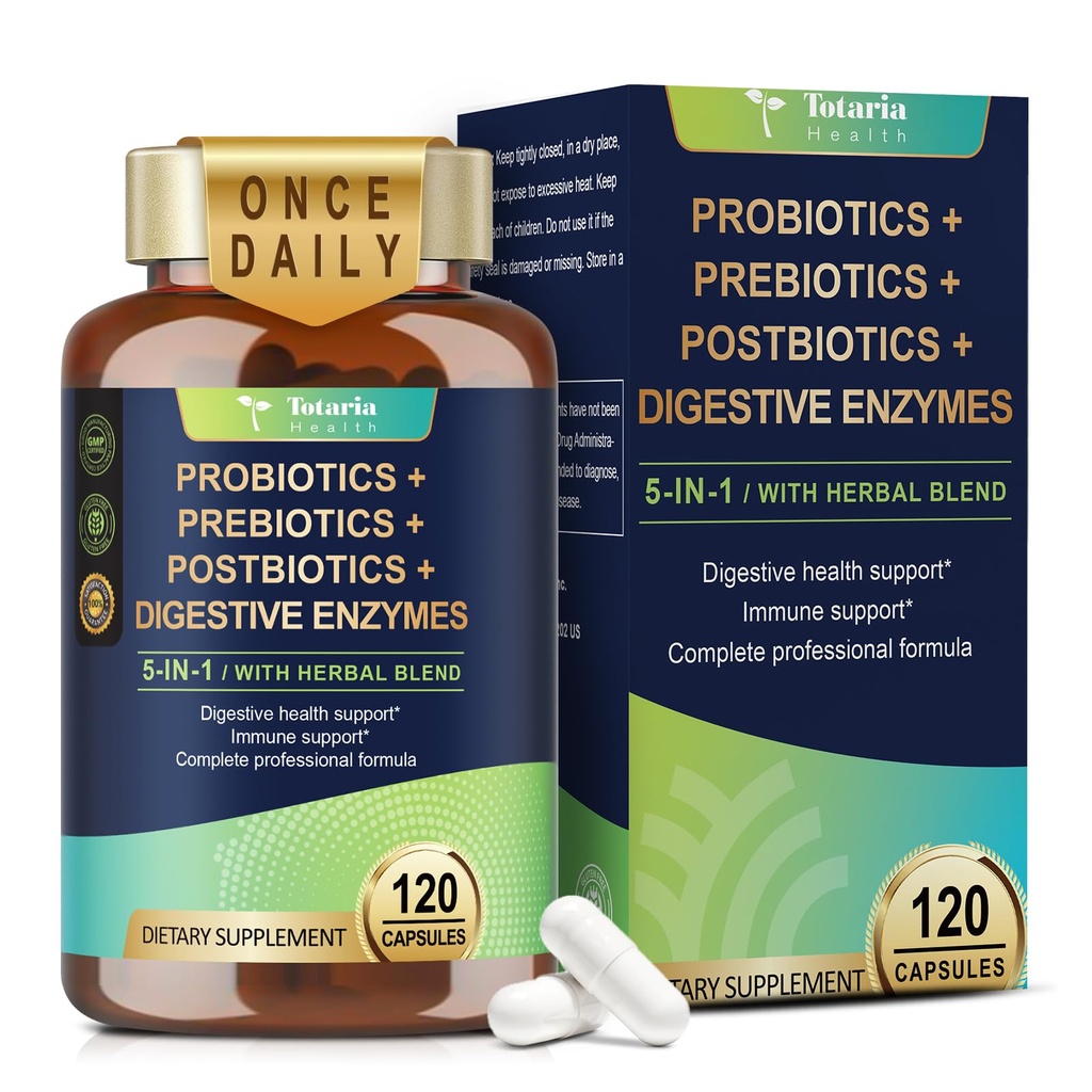 Totaria 5-in-1 60 Miliarde CFU Probiotic Prebiotic & Postbiotic pentru femei și bărbați, w/Digestive Enzime, Slippery Elm, Daily Complete Gut Health, Digestive & Immune Support, 4 Luna de aprovizionare, Vegan