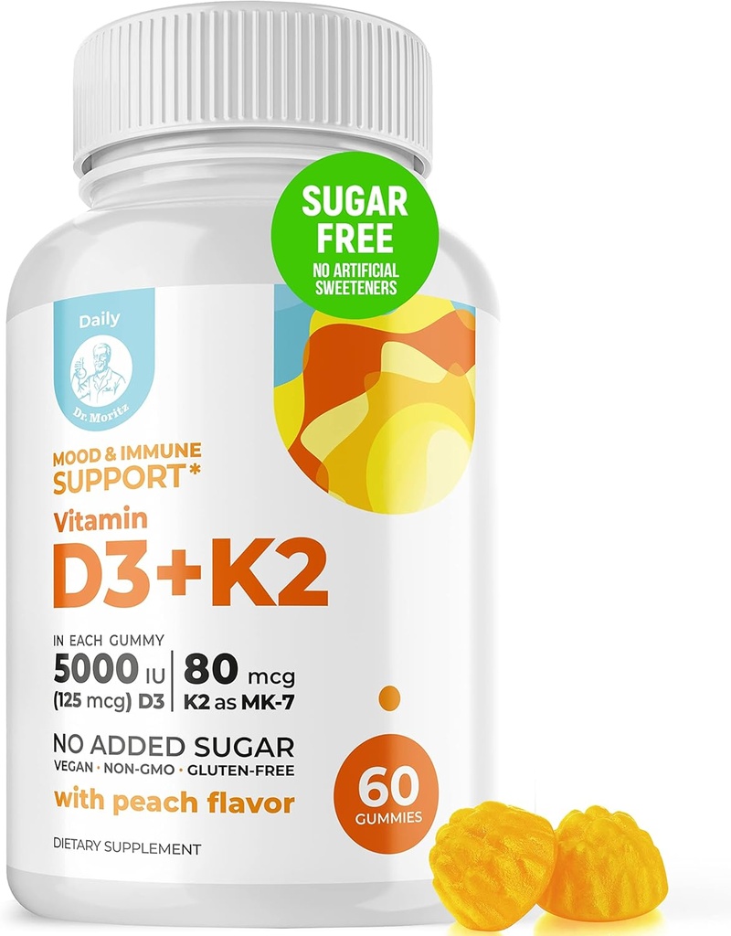 DR. MORITZ Vitamina D3 Gumiile (5000 UI) cu K2 - pentru adulți și copii - Vitamina D3 K2 Gumies pentru sprijin imun și sănătatea osoasă - Vegan, zahăr fără, gluten gratuit (conte 60)