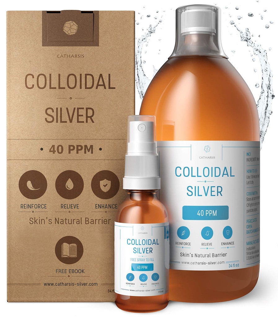 Argint coloidal premium ● Formula de concentrare optimă, particule mai mici, rezultate mai bune ● Laborator certificat ● Argint lichid fabricat în UE ● Sticla de stropire gratuită pentru umplere & Ebook (34 fl oz)