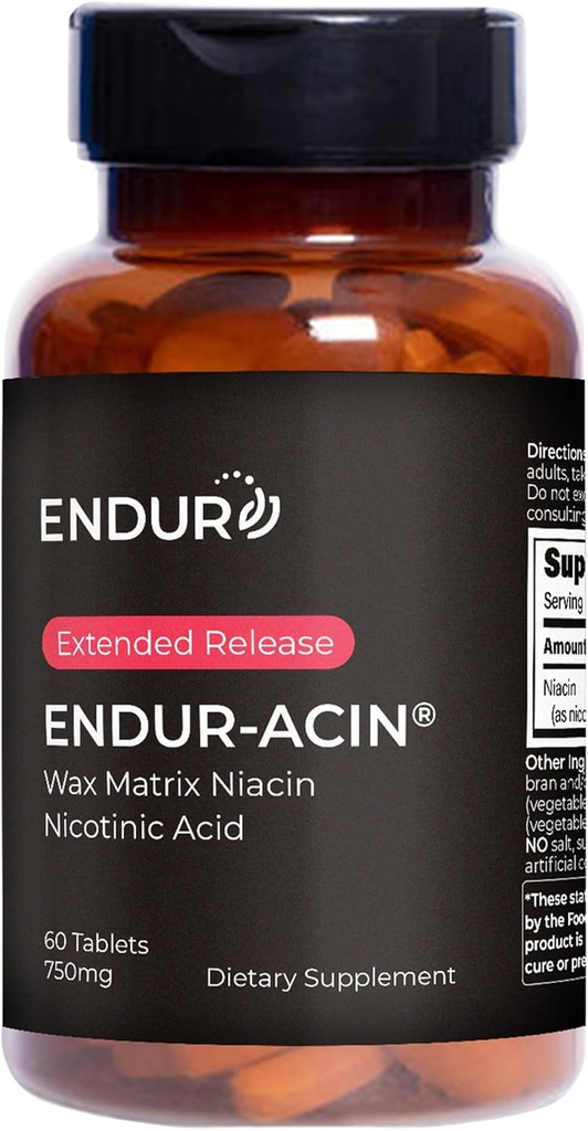 Produse de anduranţă ENDUR-ACIN, Niacina de eliberare extinsă pentru absorbţie optimă şi culoare Niacină fără culoare, Suplimente Premium Vitamina B3 Niacin, 750 mg, 60 comprimate