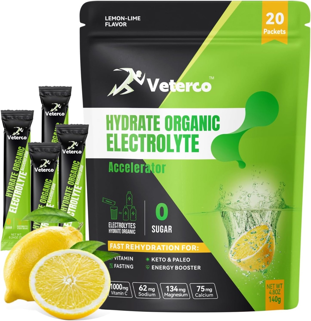 Hidratare Electrolit pulbere, Electrolit Drink, Hydration Supliment Drink Mix, Pachete de hidratare cu vitamine si minerale, Keto Friendly, Vegan, Non-GMO, Nu Sugar, Lemon Flavor (20 Sticks)