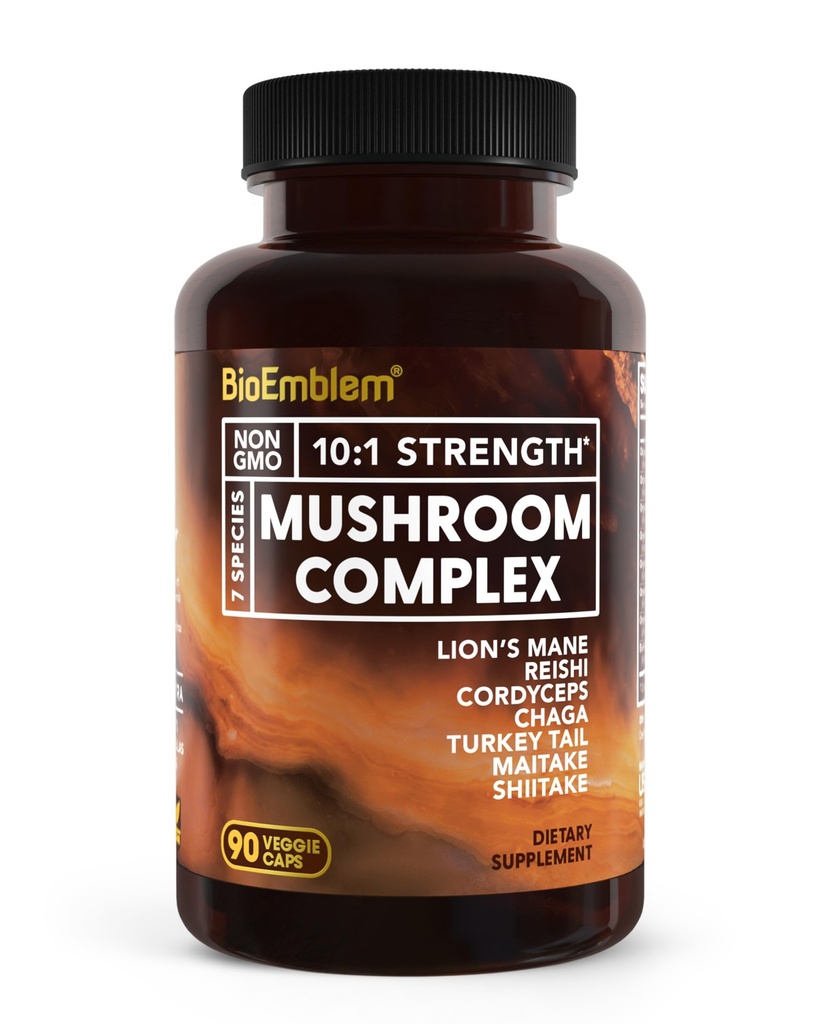 BioEmblem Mushroom Complex - 10:1 Putere și 7 Specii - Lions Mane, Reishi, Cordyceps, Chaga, Maitake, Shiitake Mushroom Supplement - Imunitate, Energie & Focus, Brain - Non-GMO, Vegan - 90 Caps