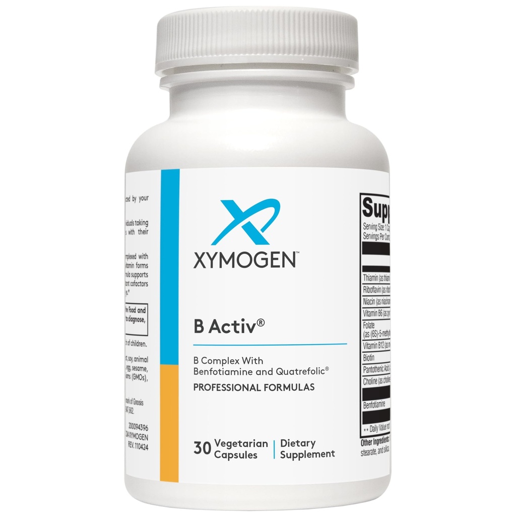 Complexul Xymogen Vitamina B - B Activ - Vitamine B activate cu benfotiamină şi Quatrefolic - Suport Funcţia suprarenală şi imună + Un sistem cardiovascular şi nervos sănătos (30 capsule)