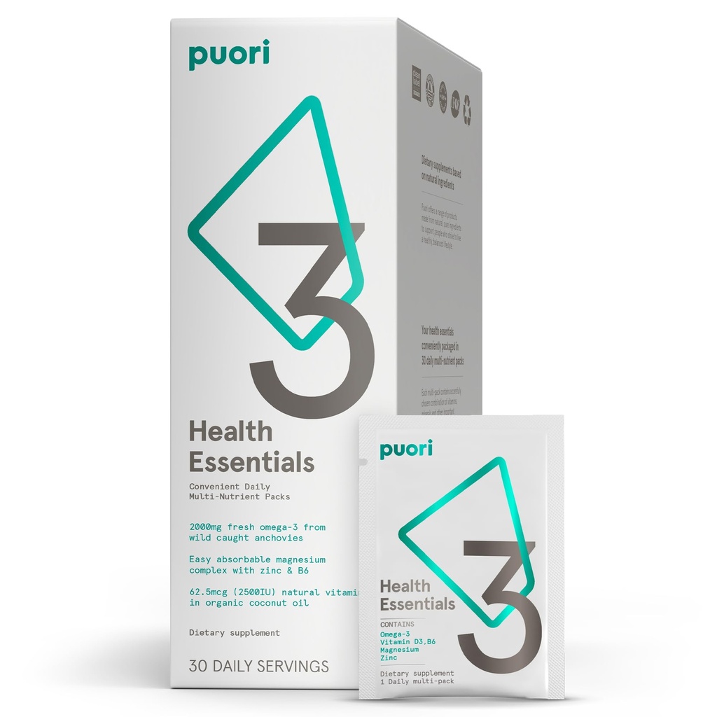 Puori P3 Health Essentials - Multivitamine pentru bărbaţi şi femei - 30 Servings - Omega 3, Vitamina D, Magneziu, Zinc - Multi-Nutrient pentru creiere şi energie
