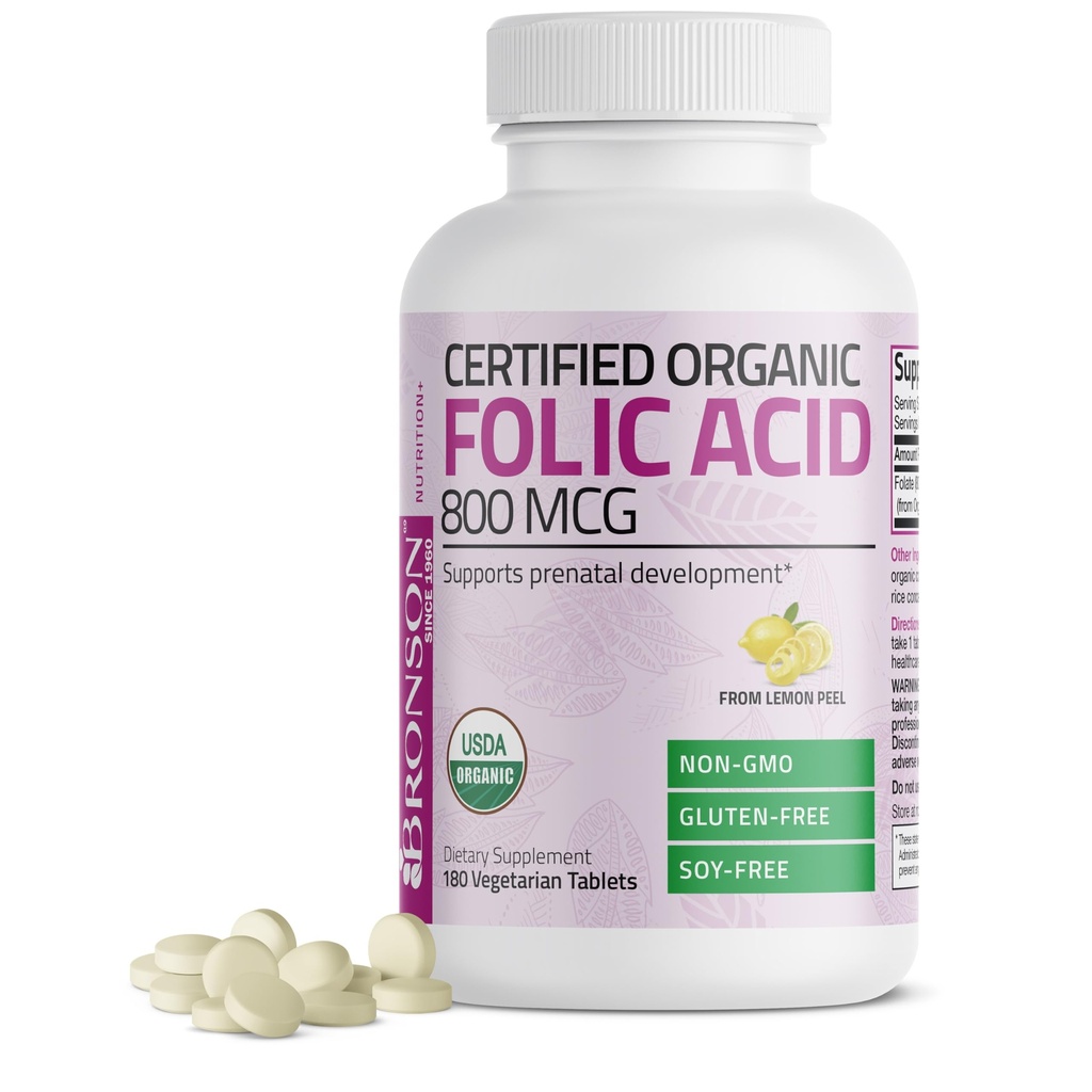 Bronson Organic Folic Acid (Vitamina B9 Folate) 800 mcg Folate de la Lemon Peel, 180 comprimate
