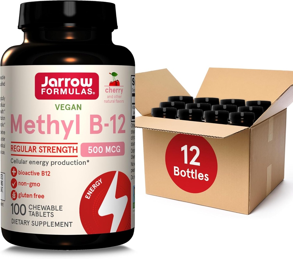 Jarrow Formulas Regular Putere Metil B-12 500mcg, Supliment alimentar pentru producția de energie celulară și Brain Health Support, 100 Cherry-Flavored Chewable Tablets, 100 zile de aprovizionare, pachet de 12