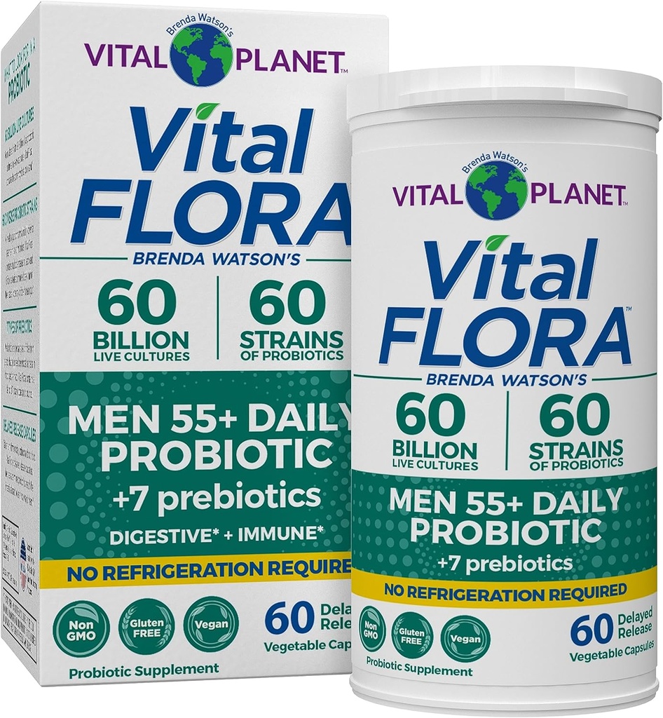 Vital Planet - Vital Flora Men Over 55 Daily Probiotic, 60 Billion CFU, Diverse Strains, Organic Prebiotics, Immune Support, Digestive Health Shelf Stable Probiotics for Men, 60 Capsules