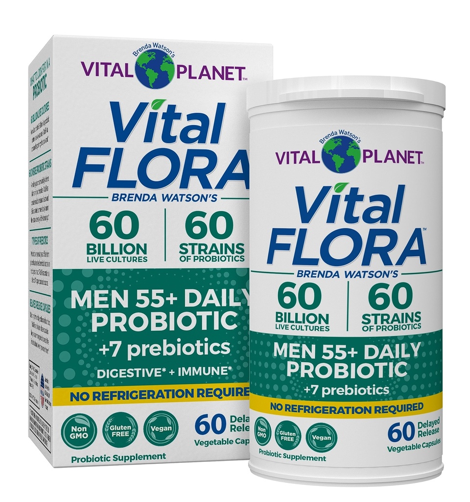 Vital Planet - Vital Flora Men Peste 55 Zilnic Probiotic, 60 Miliarde CFU, Diverse Strains, Organic Prebiotice, Suport Imun, Digestive Sanatate Perioada de valabilitate Probiotice stabile pentru barbati, 60 Capsule