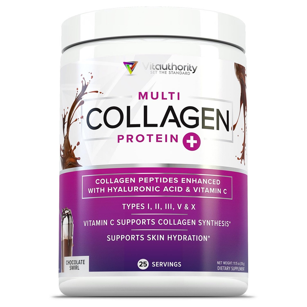 Multi Colagen Peptides pulbere pentru femei - Hidrolizat Ciocolata Colagen pulbere pentru femei cu tipuri I III V & X Vitamina C & Acid hialuronic pentru piele de par si unghii (Chocolate) - 30 Serviri