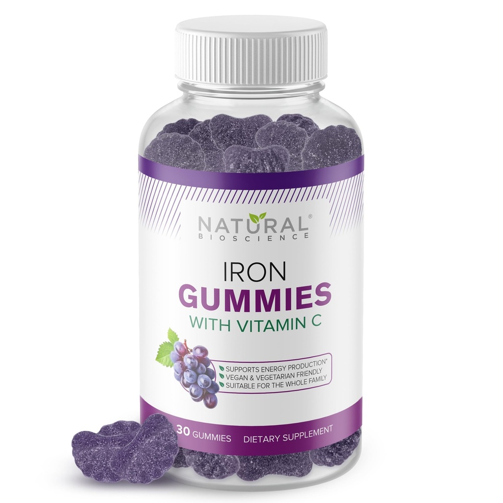 Gume de fier cu vitamina C pentru adulți și copii - Suplimentul de fier masticabil pentru anemie de deficit de fier, Suportul celulelor roșii, Energie, Funcția imună, Sănătatea creierului, Absorbție maximă, Aroma de struguri, Vegan