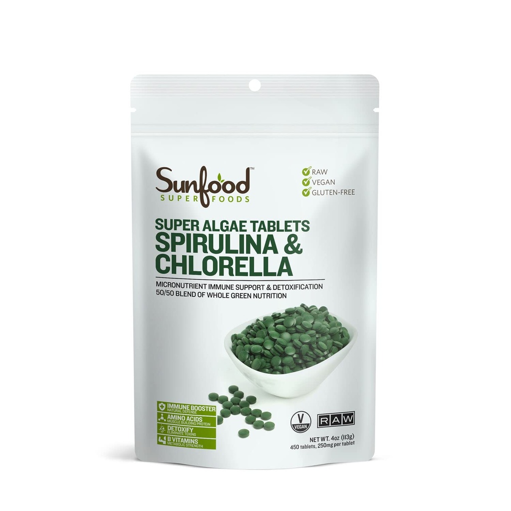 Sunfood Superfoods Chlorella Spirulina Tablets - Spirulina si Chlorella Green Algae Tablets pentru femei si barbati, Sursa de Clorofila, B Vitamine, si proteine, Broken Cell Wall, Vegan - 4 oz Bag