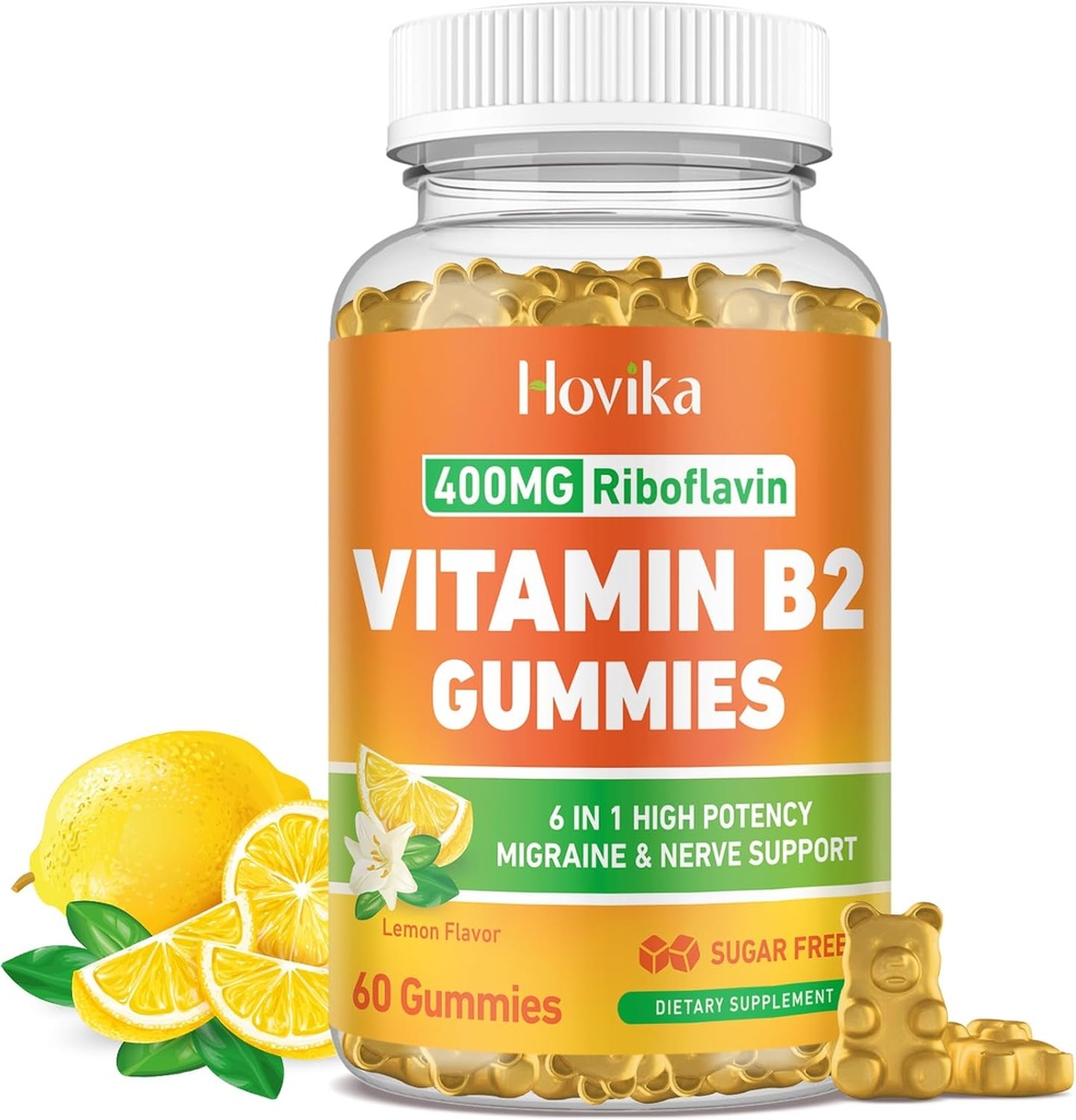 Vitamina B2 Gumies Riboflavin 400mg Supliment pentru bărbaţi şi femei - Magneziu pur, Ashwagandha, CoQ10, Omega 3, Vitamina B12 - Migrene Relief & Energy, Sistem nervos Suport - Zahăr gratuit, 60 Conte