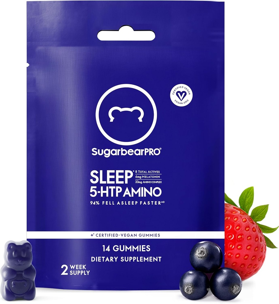 SugarBearPro Sleep Gummy 14 zile de aprovizionare, Extra Putere Melatonin 6mg, pentru bărbați și femei, Vitamina Vegan B6, L-Theanină, 5 HTP, Valerian, Ajutor de somn pentru adulți și adolescenți, Kosher certificate