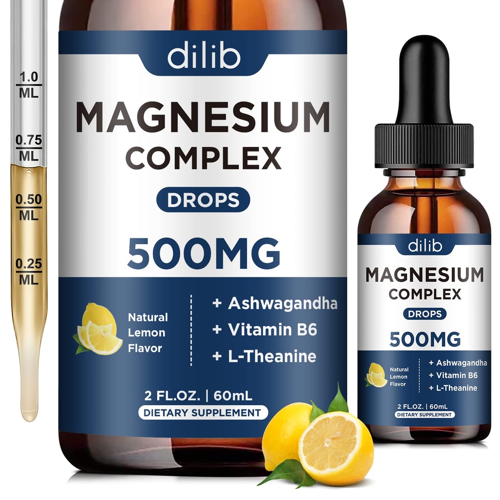 Magneziu Glicinate Picături lichide, Triple Complex de magneziu Supliment cu Citrate, Malate 500mg Ashwagandha, L-Theanină, Vitamina B6 pentru somn, Calm, Stres Relief, Os, Muscle, Mood - Aroma de lamaie