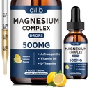 Magneziu Glicinate Picături lichide, Triple Complex de magneziu Supliment cu Citrate, Malate 500mg Ashwagandha, L-Theanină, Vitamina B6 pentru somn, Calm, Stres Relief, Os, Muscle, Mood - Aroma de lamaie