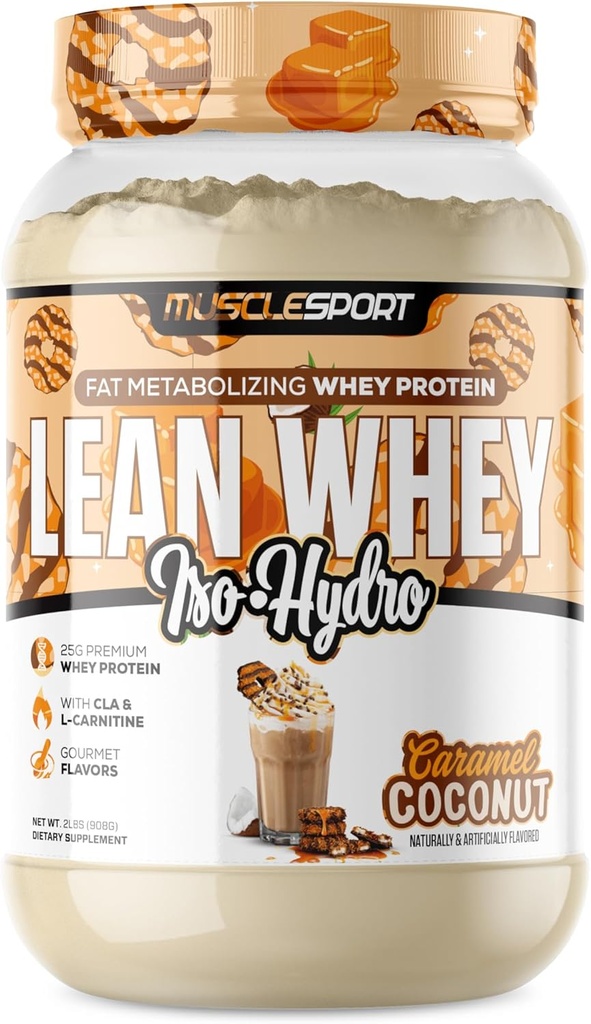 Musclesport Lean Whey RevolutionTM Proteine pulbere - Whey Proteine Izolate - Calorie scăzut, Carb scăzut, Fat scăzut, Incredibile arome - 25g Proteine pe Scoop (2LB, nucă de cocos Caramel)