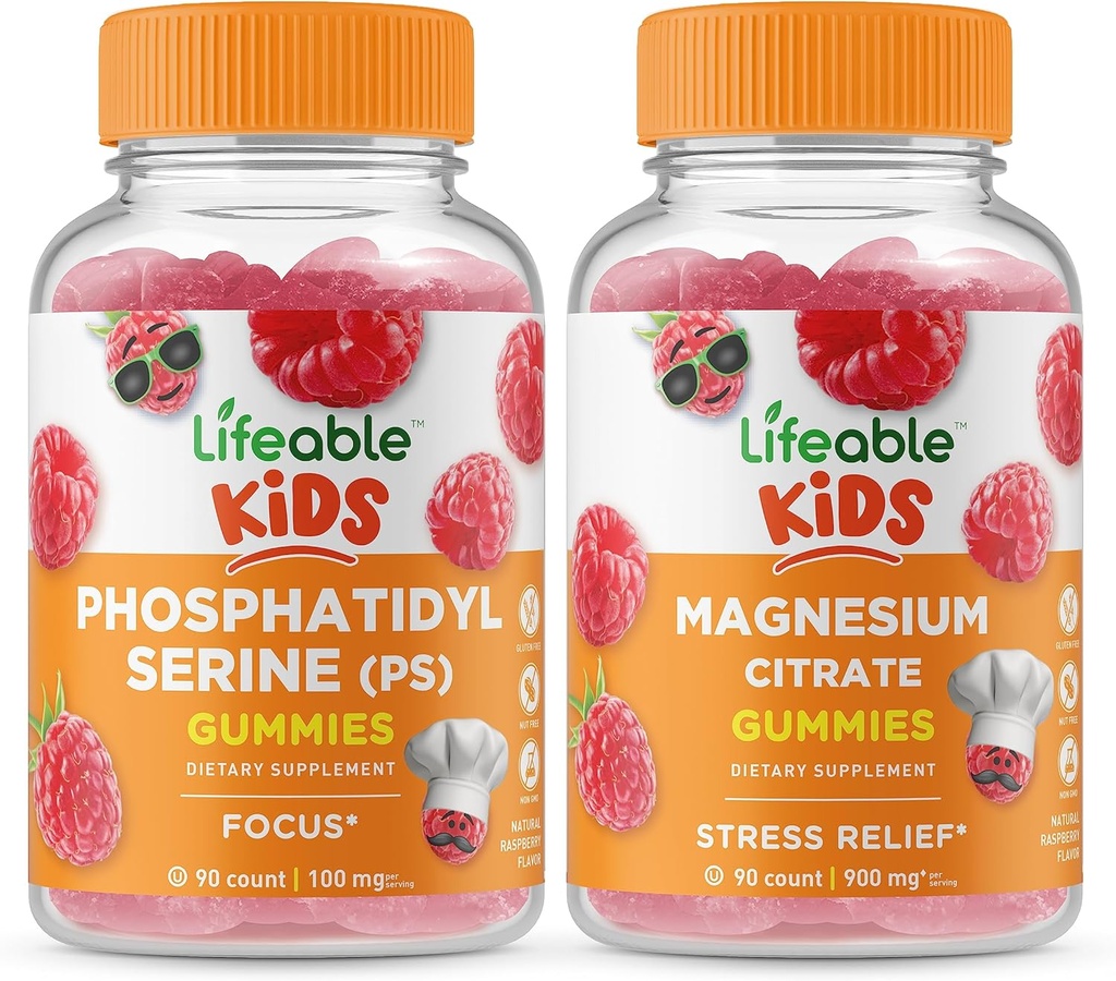Fosfatidilserină (PS) Lifeable Kids + Magneziu Kids, Gumies Bundle - mare Tasting, Supliment de vitamine, Gluten gratuit, OMG gratuit, Gummy masticabil
