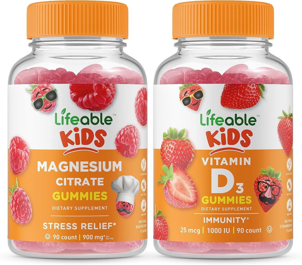 Magneziu durabil Copii + Vitamina D Copii, Gume Bundle - mare Tasting, Supliment de vitamine, Gluten gratuit, OMG gratuit, Gummy masticabil
