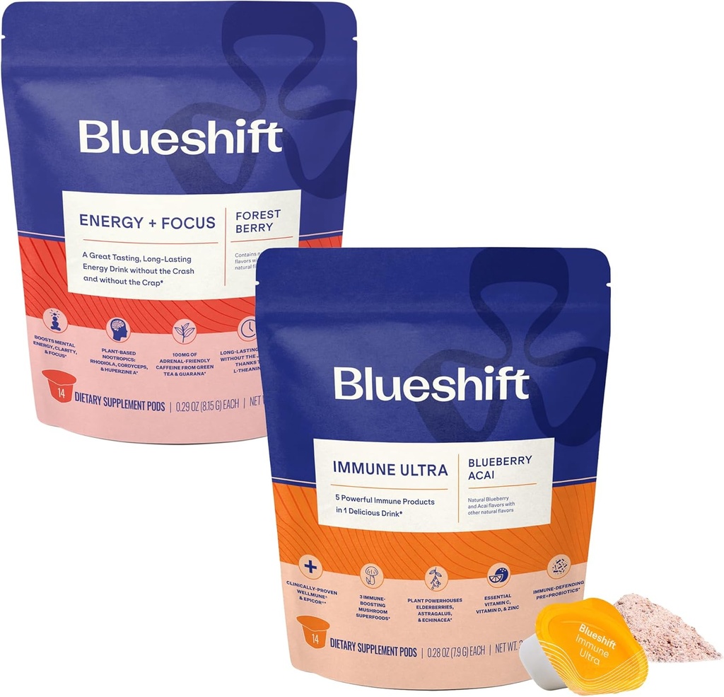 Blueshift Energy + Focus & Immune Ultra Bundle - Energetic Drink Pods, Immune Support Powder, Drink Mixes for Energy & Immune Defense, Vitamin Supplement - Energy+Focus (14 Pack) & Immune Ultra (14 Pack)