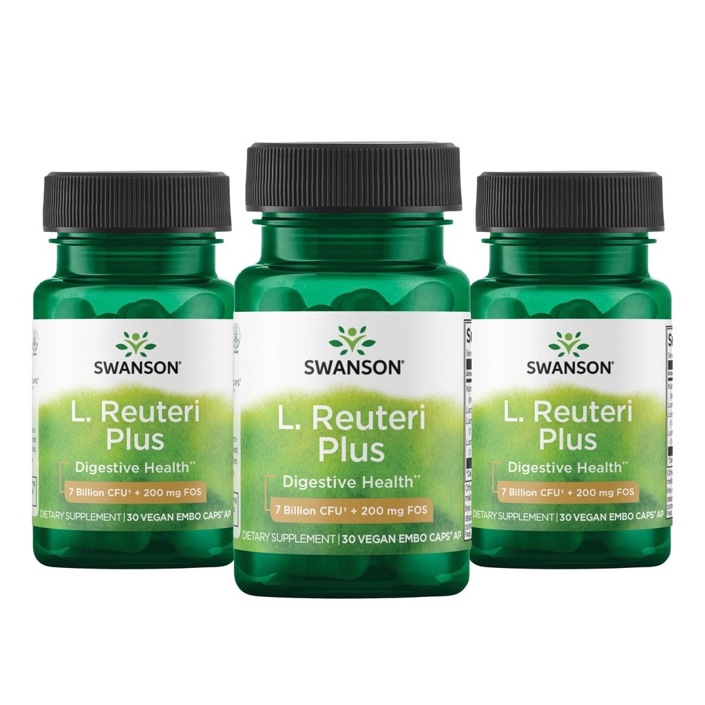 Swanson L. Reuteri Probiotic Plus w/L. Rhamnosus L. Acidophilus & FOS Prebiotic Digestive Support - Promovează Gut Health w/ 7 Miliarde CFU per capsulă - (30 Capsule vegetale) (3 Ambalaje)