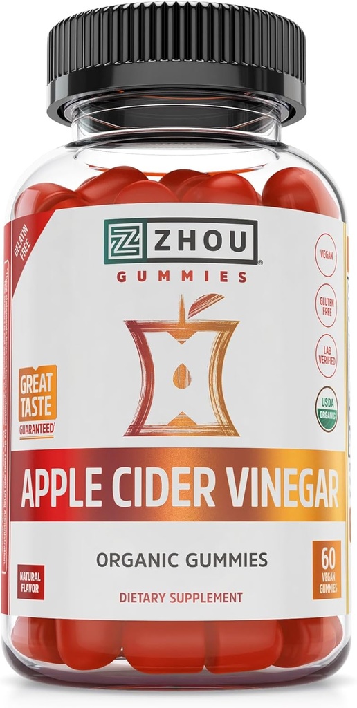 Zhou Apple Cider Otet Gummies - ACV Gummies for Women and Men with Elderberry, Delicious Gust with Raw Cane Sugar, USDA Organic - 60 Vegan Gummies