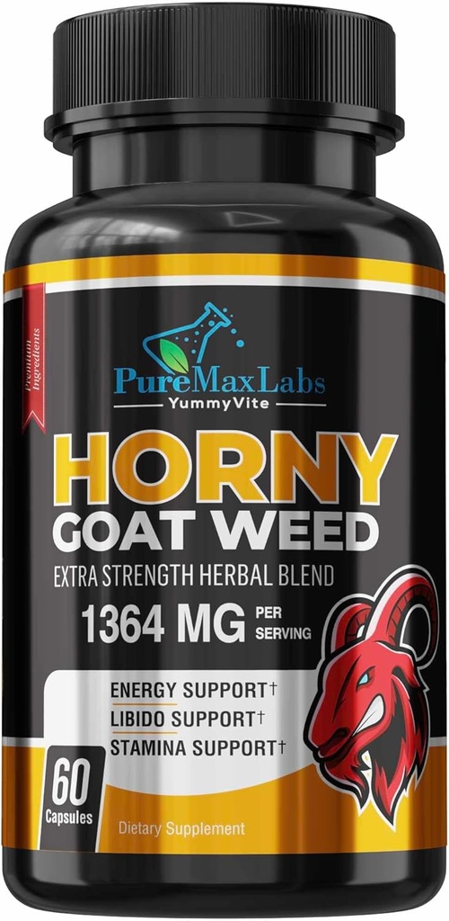 Horny Goat Weed Extra Strength w. Maca, L-Arginine, Ginseng, Boost Performance, Stamina, Energy, Non-GMO, 60 Capsules