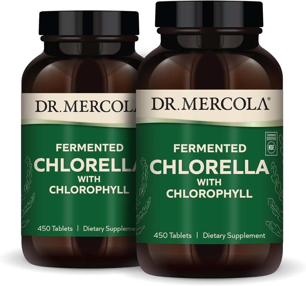 Dr. Mercola Fermentat Chlorella cu Clorofila, 90 Serviri (450 comprimate), 2 Sticle, Supliment Dieta, Sprijină Imun și Sănătatea Organului, Non OMG, NSF Certified