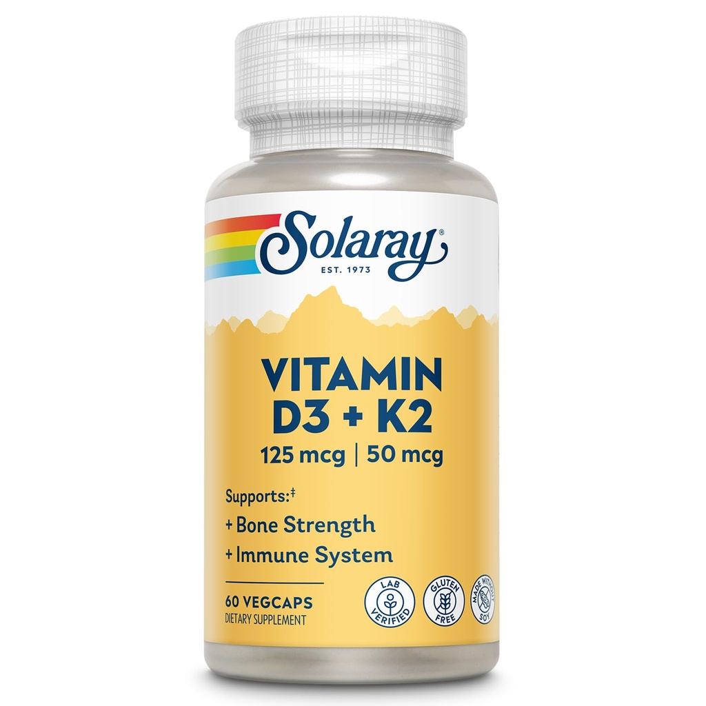 SOLARAY Vitamina D3 K2 - Bone Health and Immune Supplement - with 5000 UI Vitamina D as VIT D3 and 50 mcg Vitamina K2 as Menochinonă MK7, Made without Soy, 60-Day guarantee, 60 Serv, 60 VegCaps