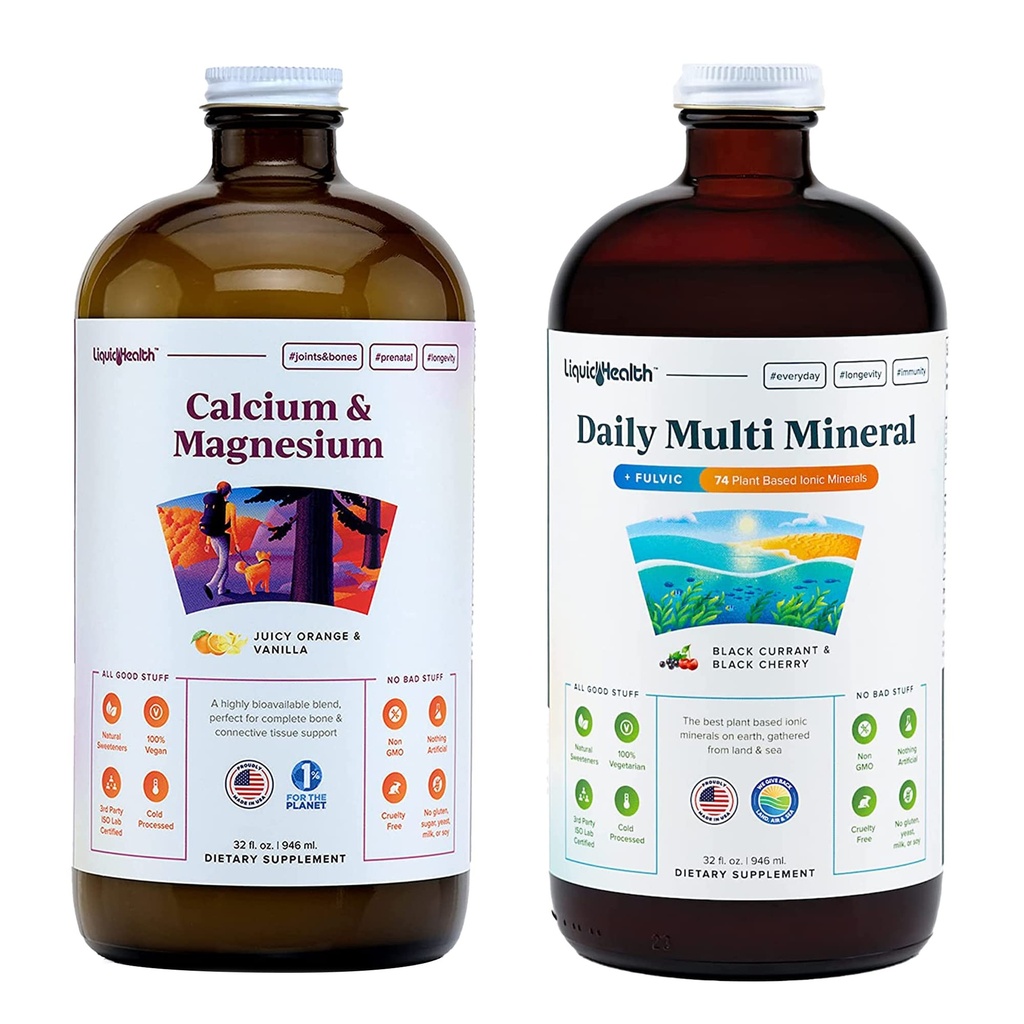 LIQUIDHEALTH Vitamine de magneziu de calciu & Daily Multi Minerale Supliment lichid Bundle pentru adulți - Sistem imunitar, Suport osos și comun, Îmbunătățirea mobilității, Creșterea energiei - Vegan, Non-GMO, Statele Unite ale Americii Made