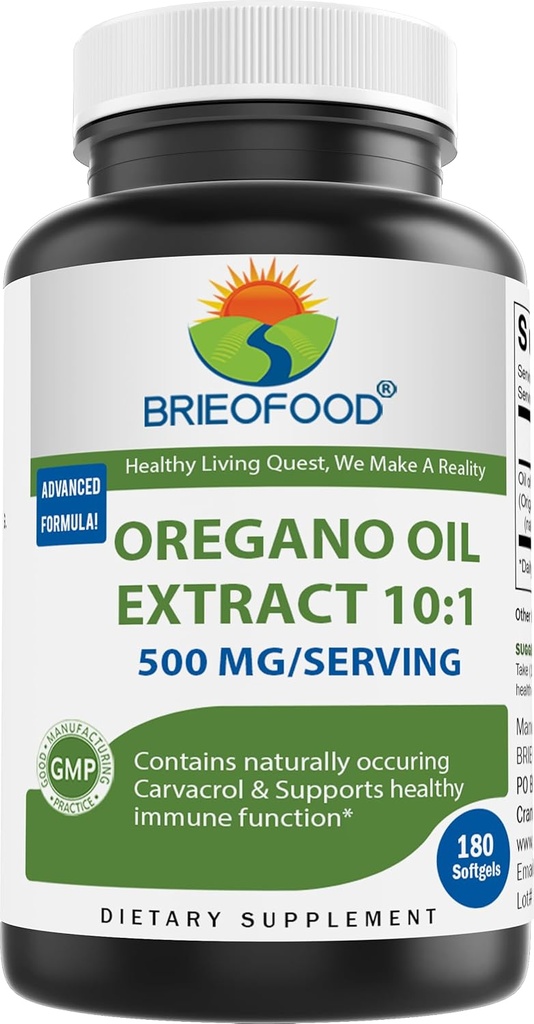 Brieofood Ulei Oregano 10:1 Extract 500 mg per Serving - Contine natural ocurand Carvacrol - Functie imunitara sanatoasa - 180 Softgels