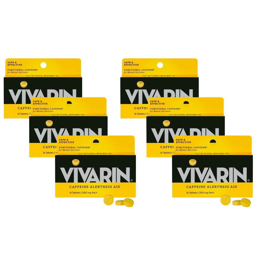 Vivarin, pastile de cofeină, 200 mg cofeină per doză, în condiții de siguranță și eficient vă ajută să rămâneți treziți, fără zahăr, calorii sau ingrediente ascunse, supliment energetic, 16 comprimate (6 ambalaj)
