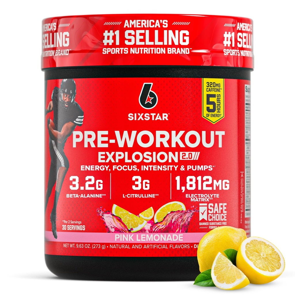 Șase stele Pre-Workout pulbere pentru bărbați și femei, Limonadă roz (30 Serviri) - Explozie Preworkout 2.0 Energy Powder Drink Mix cu Beta-Alanină și Cafeina - Sport Supliment de nutriție Produse