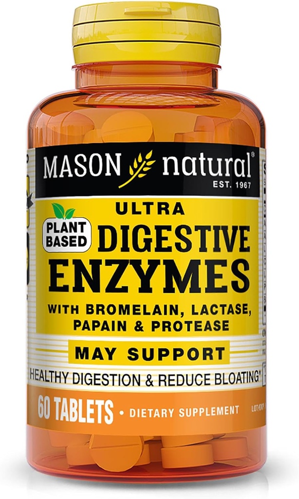 Mason Natural Plant-Based Enzime Digestive Ultra, cu Bromelain, Lactase & Papain, Suportă Digestion & Bloating Relief, 60 Capsule, Pachet de 3