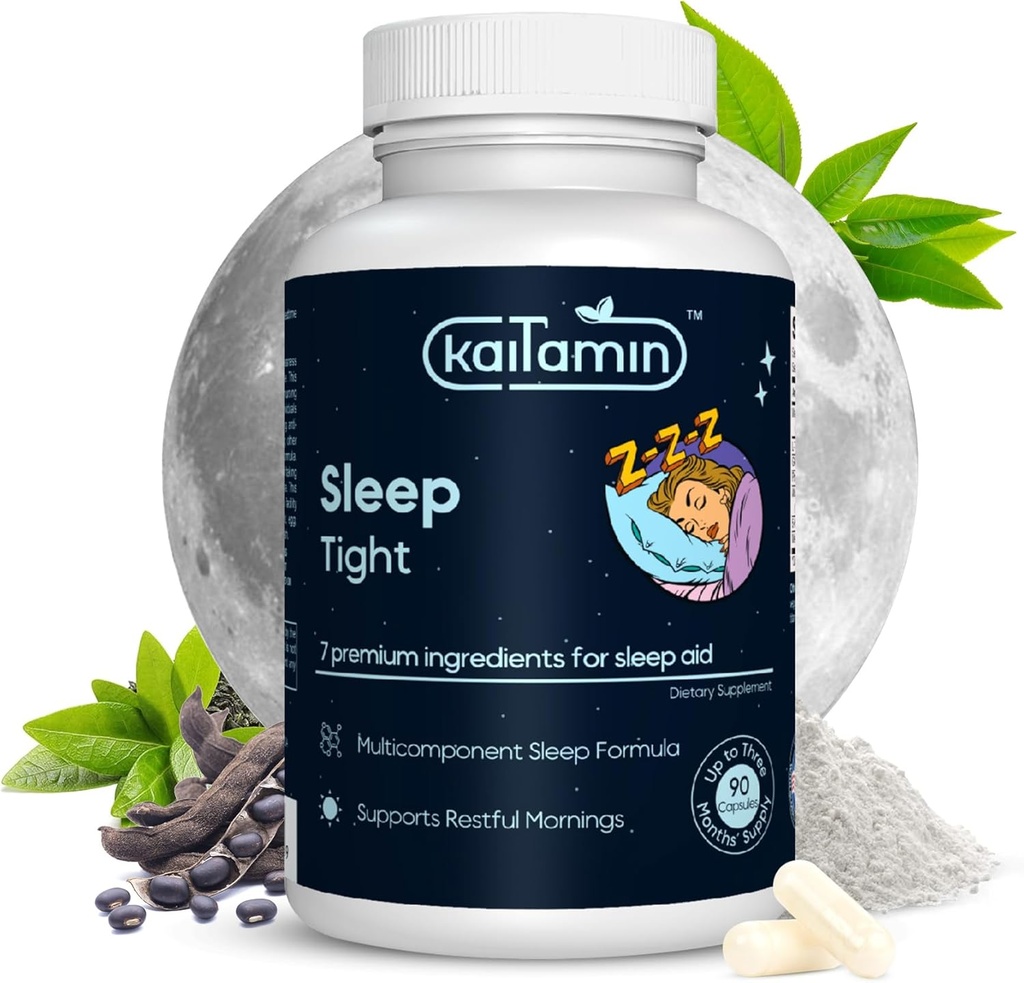 Melatonina Natural Sleep Aid, Theanin, 5-HTP, GABA, Mucuna Pruriens, Phellodendron și Magneziu pentru Sleep & Stress Support, 90 Capsule 45 zile Aprovizionare - 7 în 1 Ajutor pentru somn