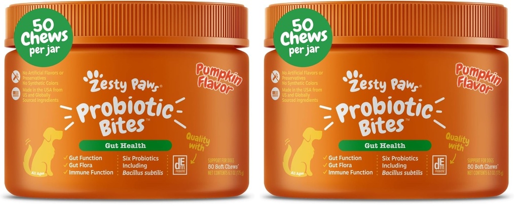 Zesty Paws Probiotics for Dogs, Digestive Enzymes Gut Flora, Digestive Health, Diarrhea & Bowel Support, DE111, Dog Probiotics Soft Chew for Pet Immune System, Chicken, 50 Ct (Pack of 2)