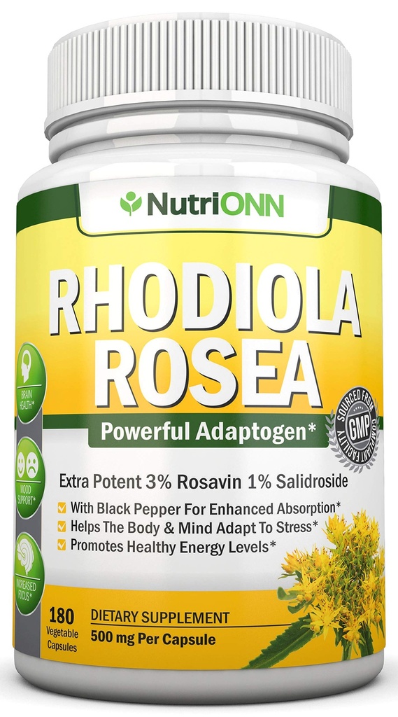 Rhodiola Rosea - 500 mg - 180 capsule Vegane - 3% Rosavin 1% Extract de salidomidă - Non-GMO - cu Pepper negru pentru absorbție îmbunătățită - 6 luni de aprovizionare - Supliment pentru energie și rezistență