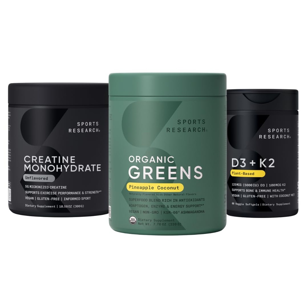 Sports Research® Organic Ananas Coconut Greens, Creatine Monohidrat & Vitamina D3 5000iu + Vitamina K2 100mg
