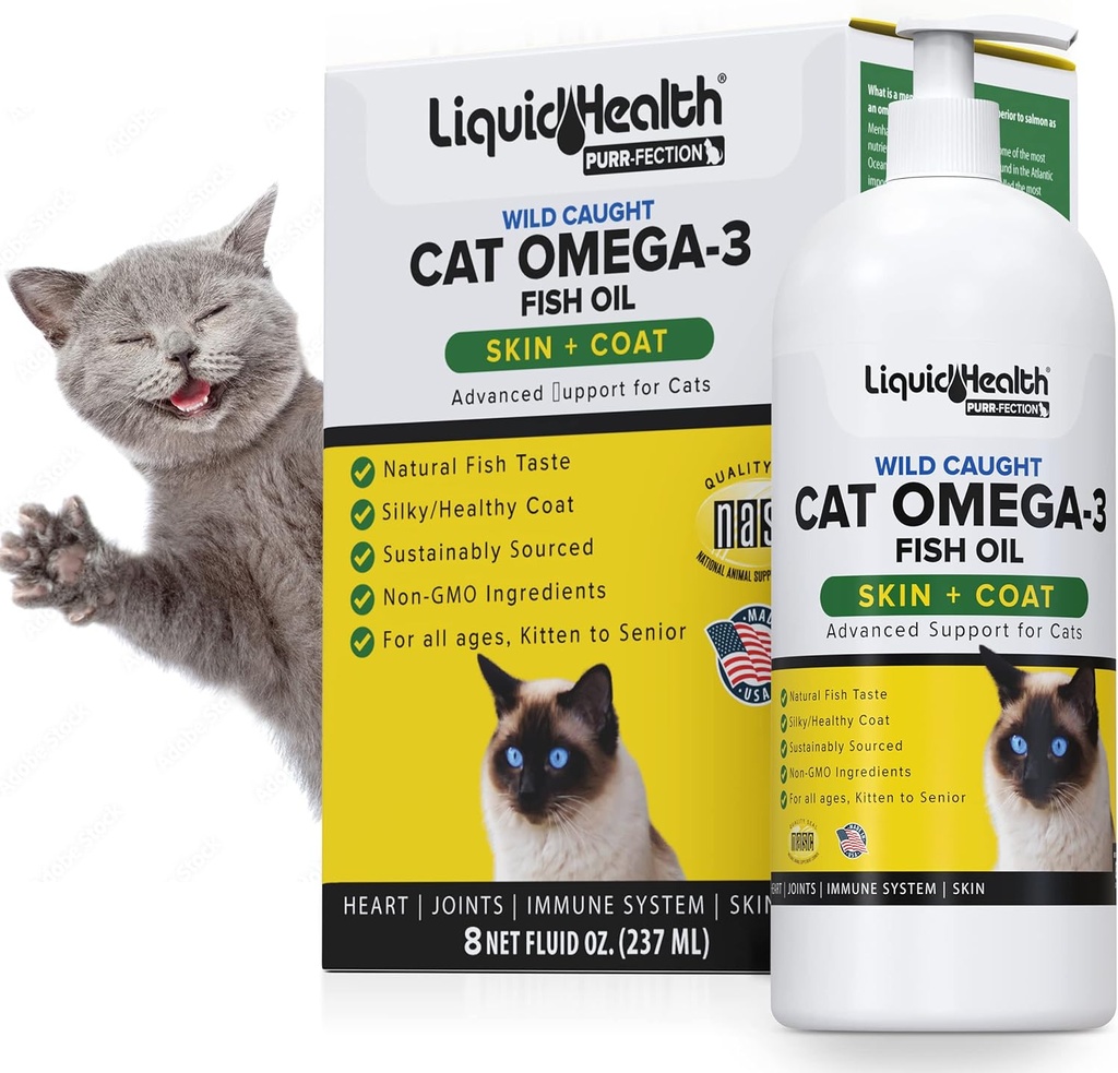 Sanatate lichida Animale de companie sălbatice prinse Omega 3 ulei de pește pentru pisici - lichid Omega 3 Supliment pentru pisici cu EPA+DPA+DHA - Reduce mâncărime, sprijin comun, imunitate, creier, inima de sănătate - Made in the USA (8 oz)