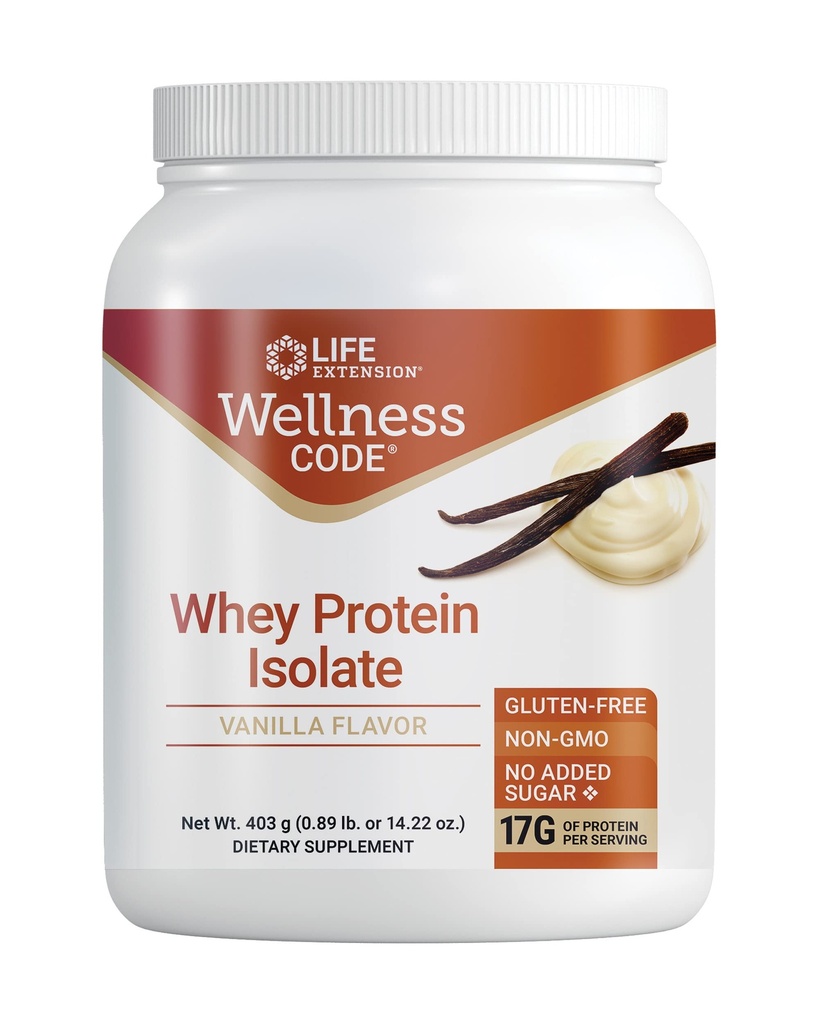 Life Extensie Wellness Code® Whey Proteine Izolate (Vanilla), Proteine și Amino acizi ramificati pentru creșterea musculară și sănătatea imună, fără adaos de zahăr, gluten gratuit, non-GMO, 403 Grame (20 serviri)