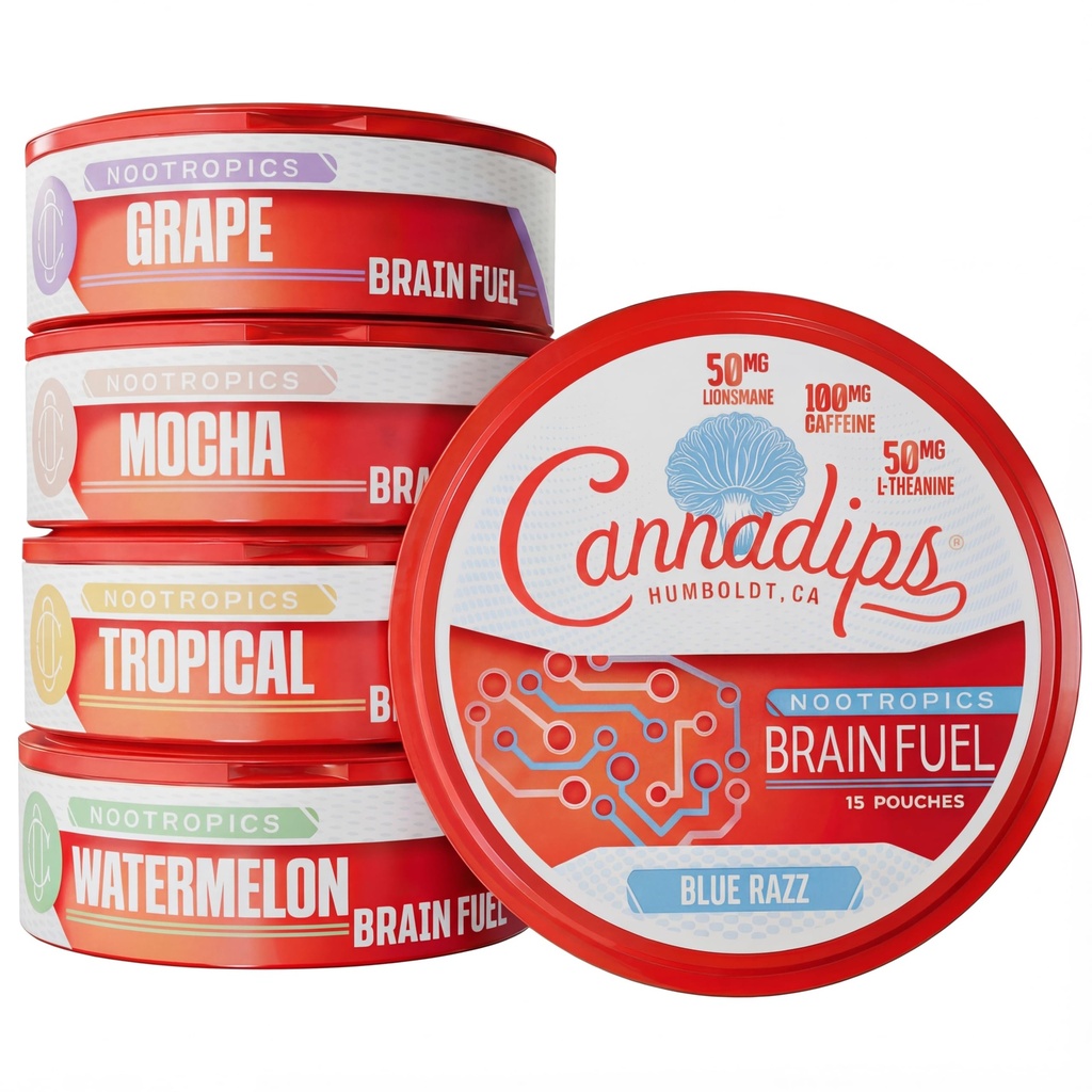 Cannadips - Brain Fuel Variety Pack - Nootropic Caffeine Pouchs - 50mg Lion's Mane, 100mg Caffeine, 50mg L-Theanine, No Sugar - Clean Energy Brain Fuel for Cognitive Performance, Made in USA (5-PACK)