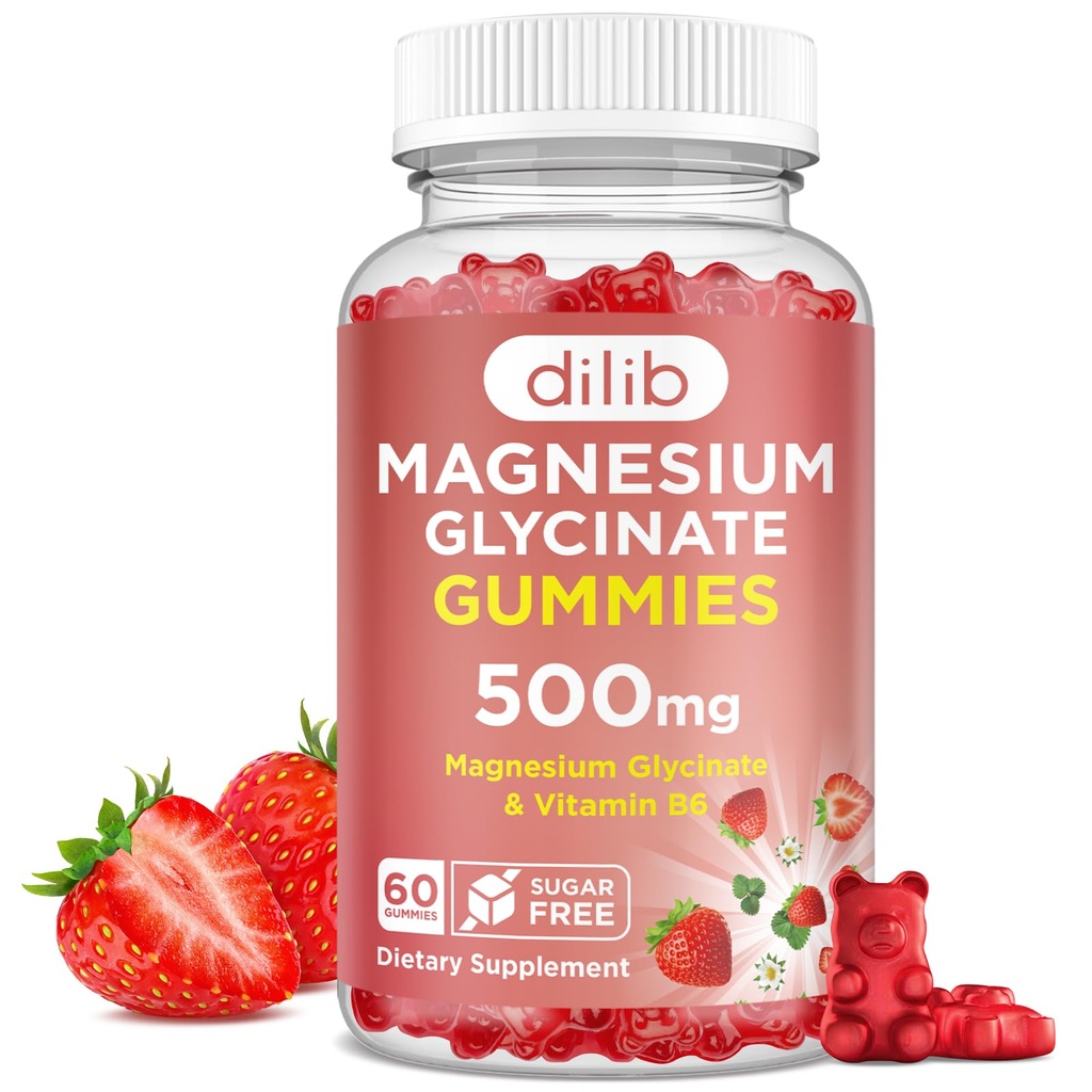 Magneziu Glycinate Gumries 500mg - Supliment de magneziu cu vitamina B6 pentru adulți & Magneziu pentru copii - Magneziu calm pentru somn, Mood, suport muscular - Aroma de căpșuni, 60 Gume