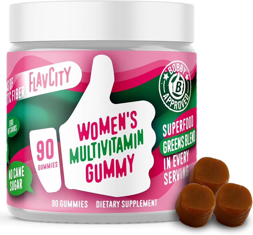FlavCity Femei Multivitamine Gummy - Zilnic Gummy Multivitamine pentru femei - Vitamine Premium, Minerale si Fibră Prebiotică - Fără zahăr din trestie sau ulei de semințe - Gras organic de grâu, Moringa & Mormies (90 gume)